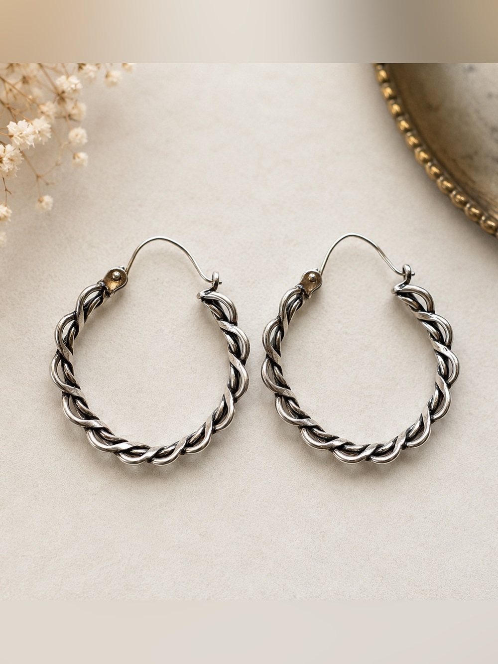 Vintage Braided Silver Hoop Earrings, Openwork Woven Wire Earrings